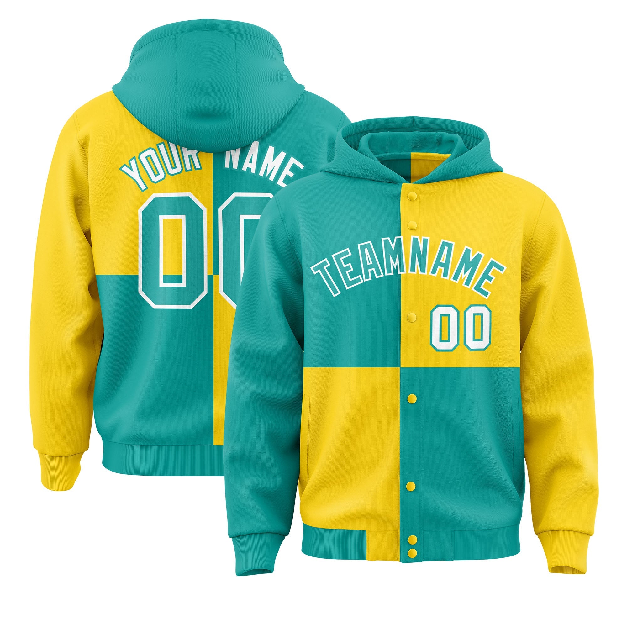 Custom Aqua Gold Varsity Full-Snap Four Squares Color Block Letterman Hoodie Jacket