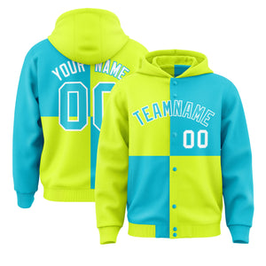 Custom Green Sky Blue Varsity Full-Snap Four Squares Color Block Letterman Hoodie Jacket