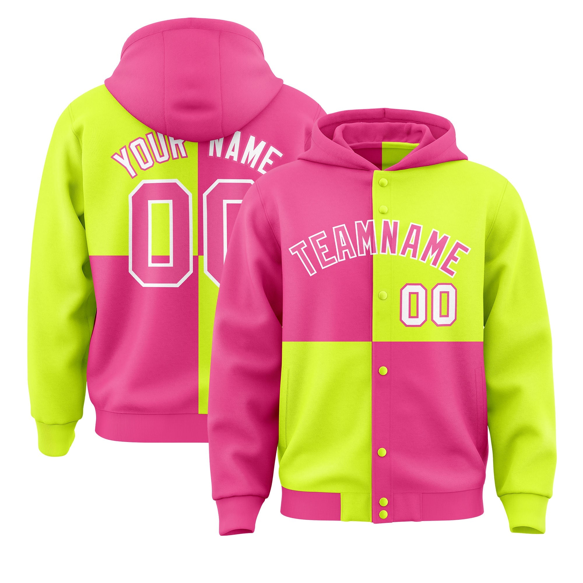 Custom Pink Green Varsity Full-Snap Four Squares Color Block Letterman Hoodie Jacket