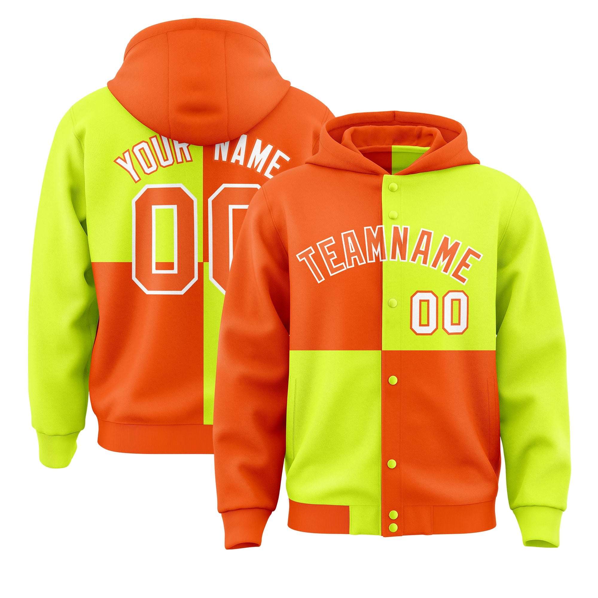 Custom Orange Green Varsity Full-Snap Four Squares Color Block Letterman Hoodie Jacket