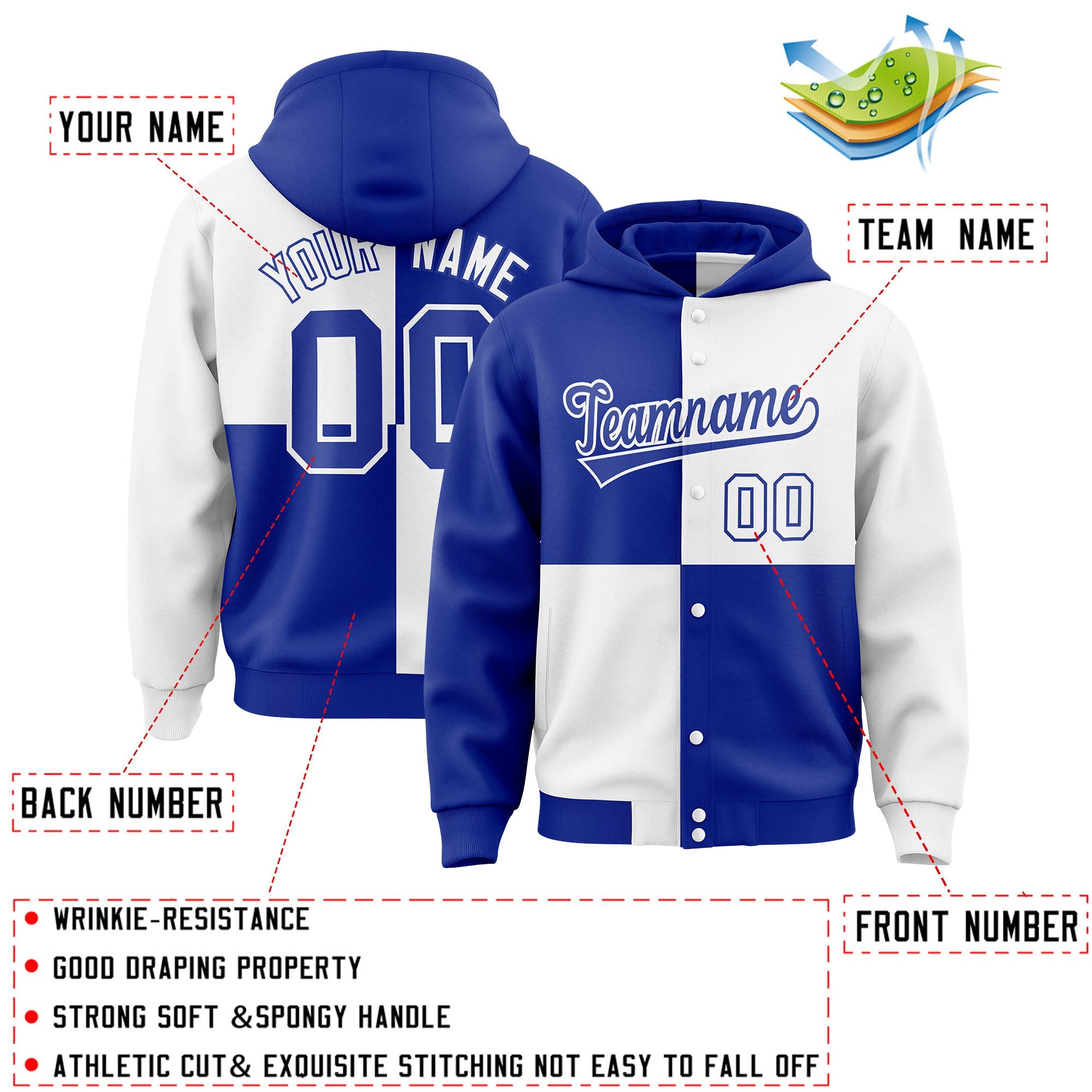 Custom Royal White Varsity Full-Snap Four Squares Color Block Letterman Hoodie Jacket