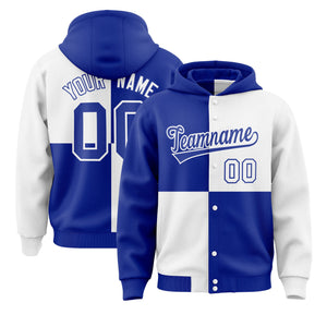 Custom Royal White Varsity Full-Snap Four Squares Color Block Letterman Hoodie Jacket