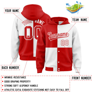 Custom Red White Varsity Full-Snap Four Squares Color Block Letterman Hoodie Jacket