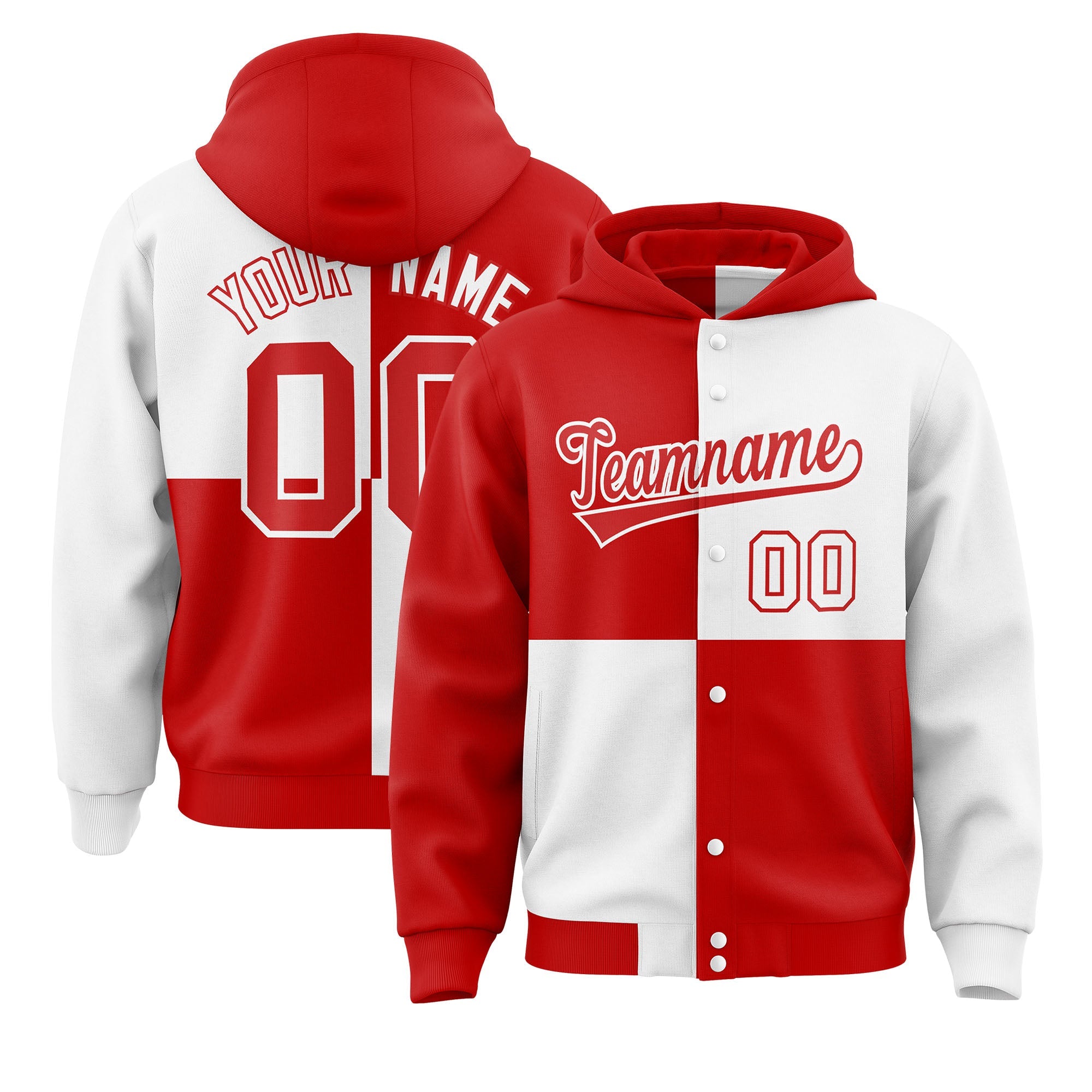 Custom Red White Varsity Full-Snap Four Squares Color Block Letterman Hoodie Jacket