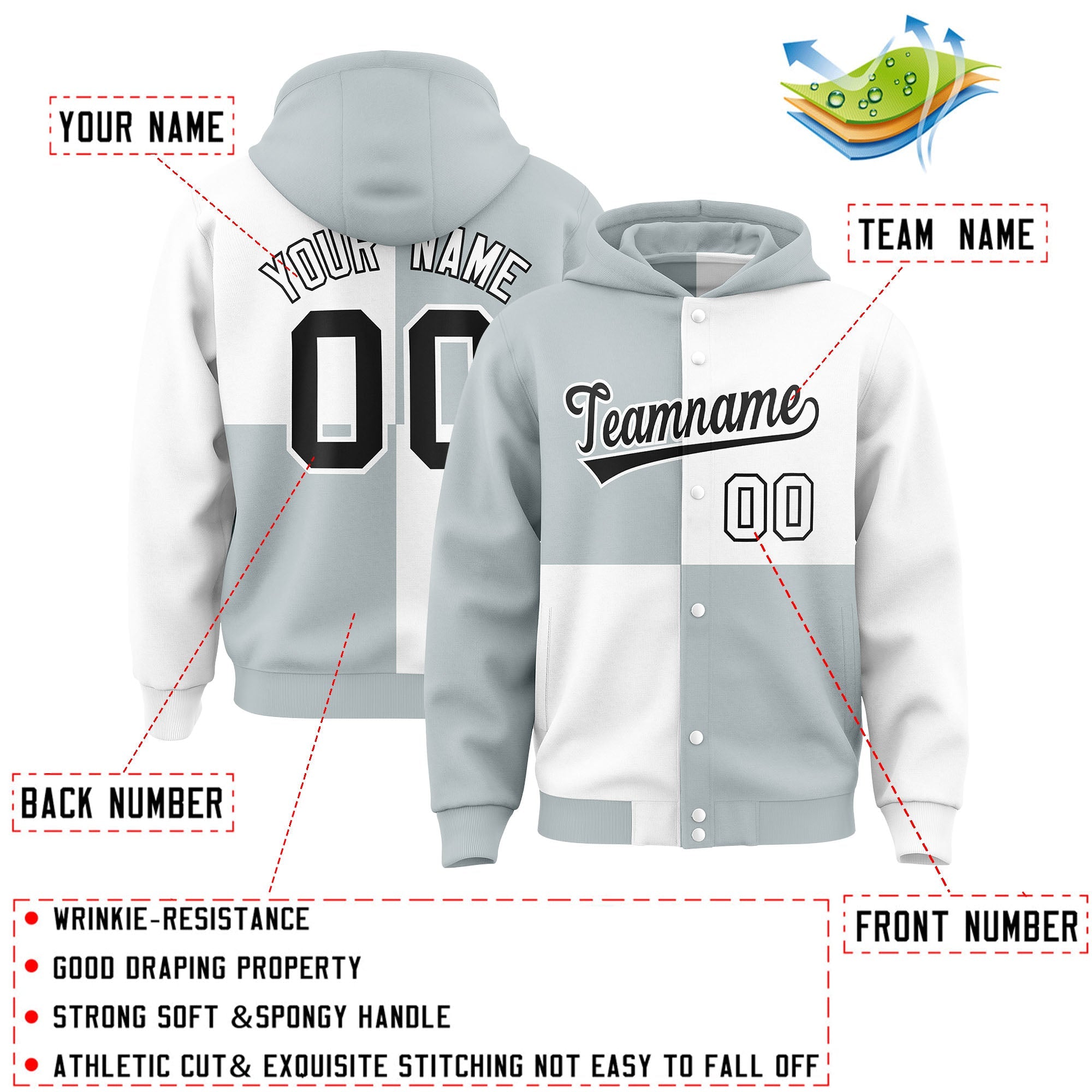 Custom Silver White Varsity Full-Snap Four Squares Color Block Letterman Hoodie Jacket