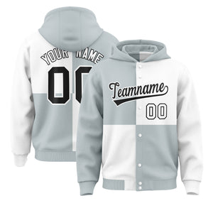 Custom Silver White Varsity Full-Snap Four Squares Color Block Letterman Hoodie Jacket