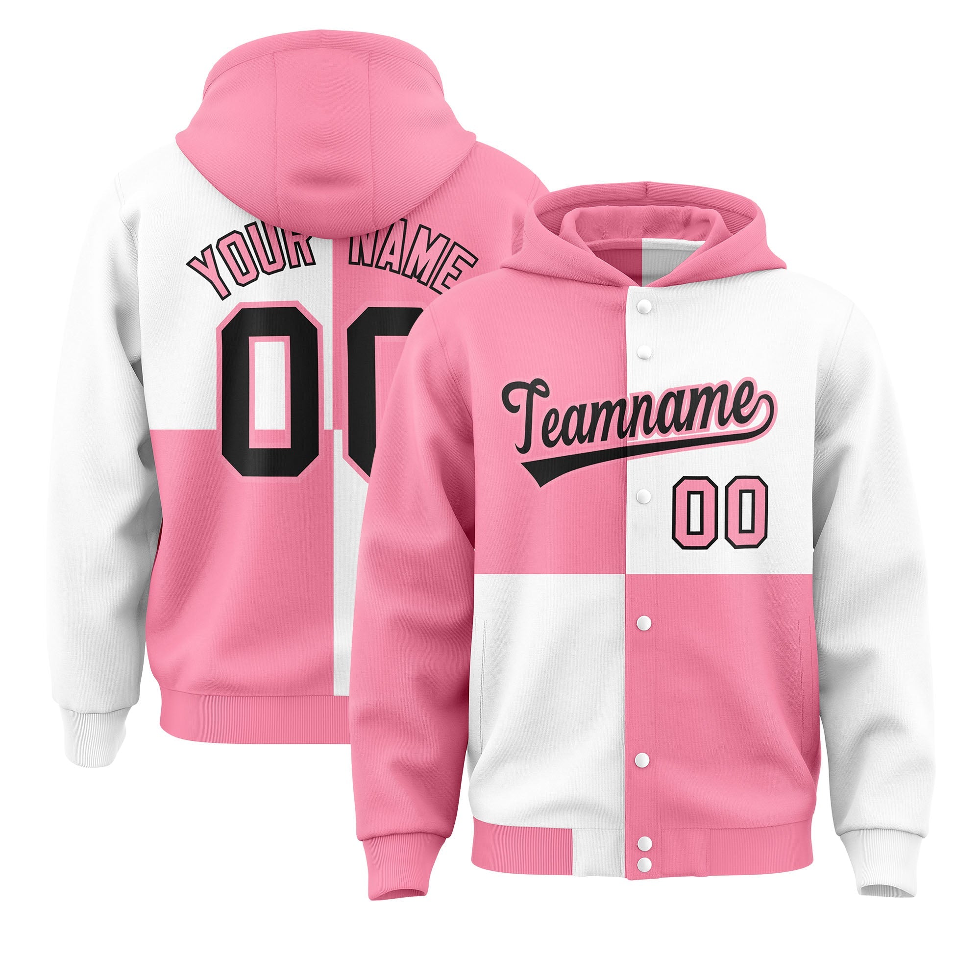 Custom Light Pink White Varsity Full-Snap Four Squares Color Block Letterman Hoodie Jacket