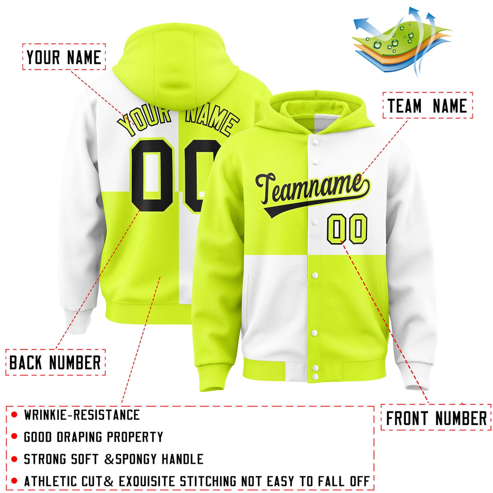 Custom Green White Varsity Full-Snap Four Squares Color Block Letterman Hoodie Jacket