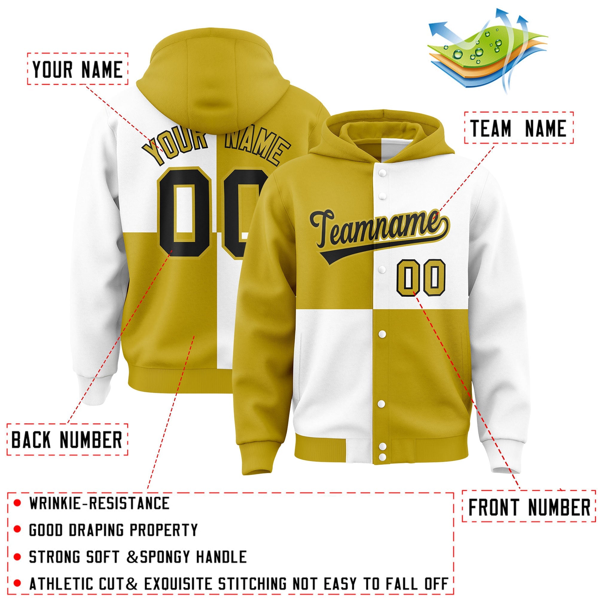 Custom Old Gold White Varsity Full-Snap Four Squares Color Block Letterman Hoodie Jacket