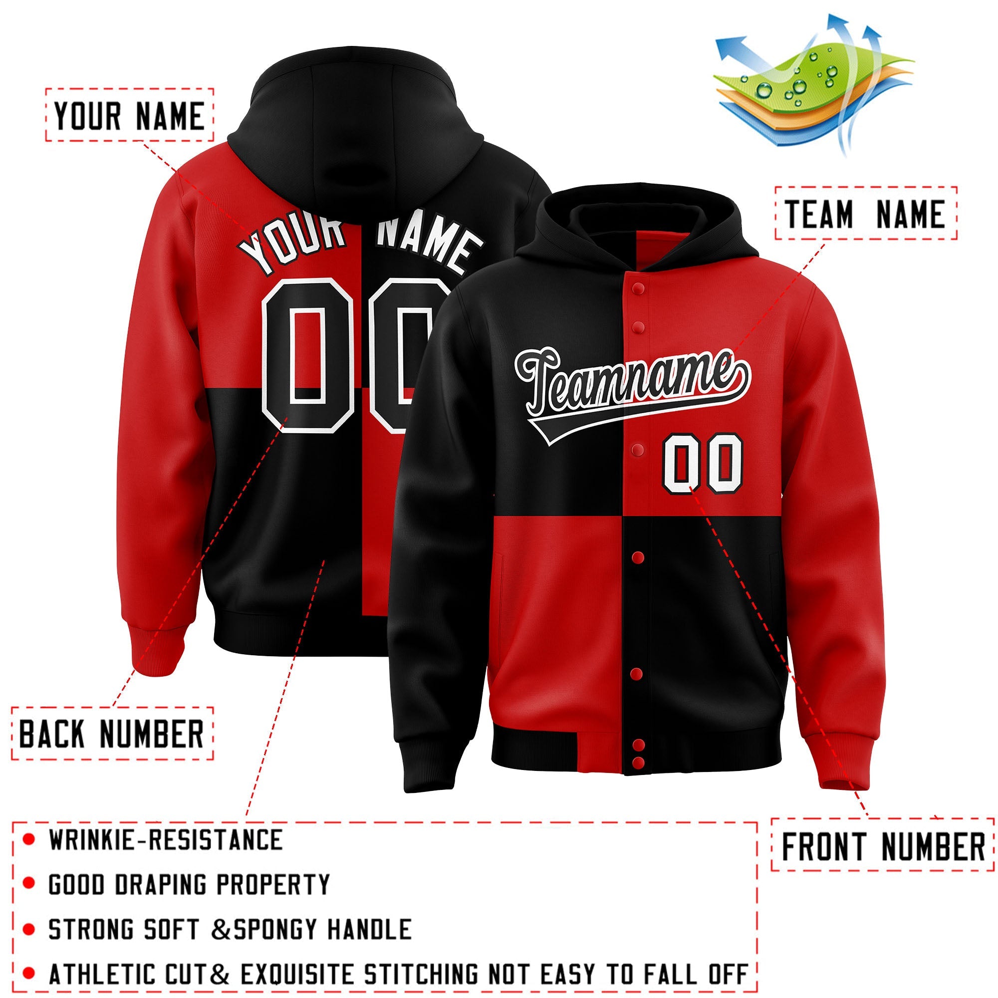 Custom Black Red Varsity Full-Snap Four Squares Color Block Letterman Hoodie Jacket