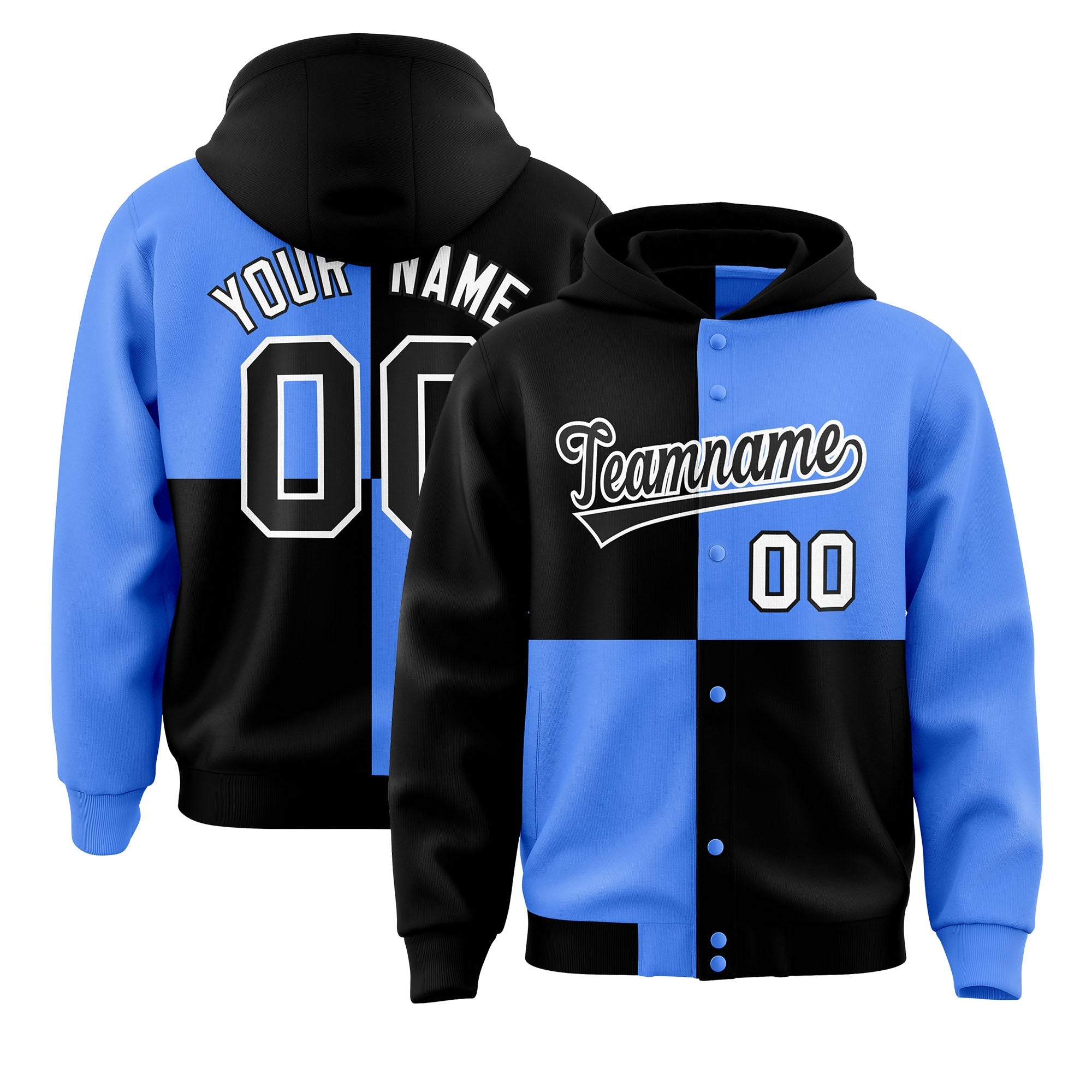 Custom Black Powder Blue Varsity Full-Snap Four Squares Color Block Letterman Hoodie Jacket