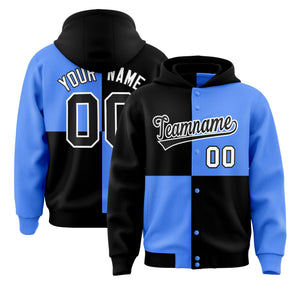 Custom Black Powder Blue Varsity Full-Snap Four Squares Color Block Letterman Hoodie Jacket