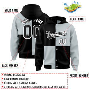 Custom Black Silver Varsity Full-Snap Four Squares Color Block Letterman Hoodie Jacket