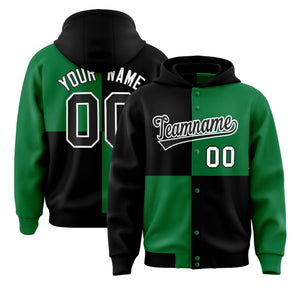 Custom Black Kelly Green Varsity Full-Snap Four Squares Color Block Letterman Hoodie Jacket