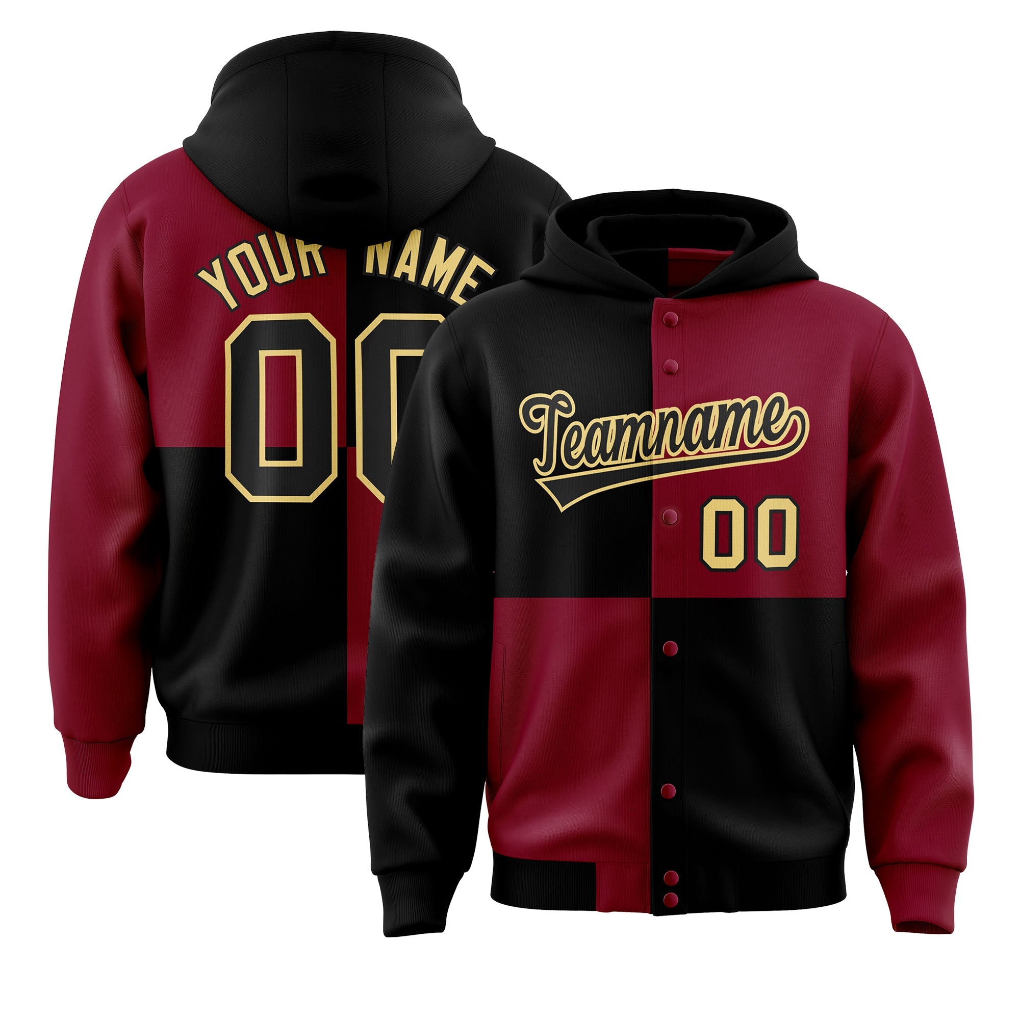 Custom Black Crimson Varsity Full-Snap Four Squares Color Block Letterman Hoodie Jacket