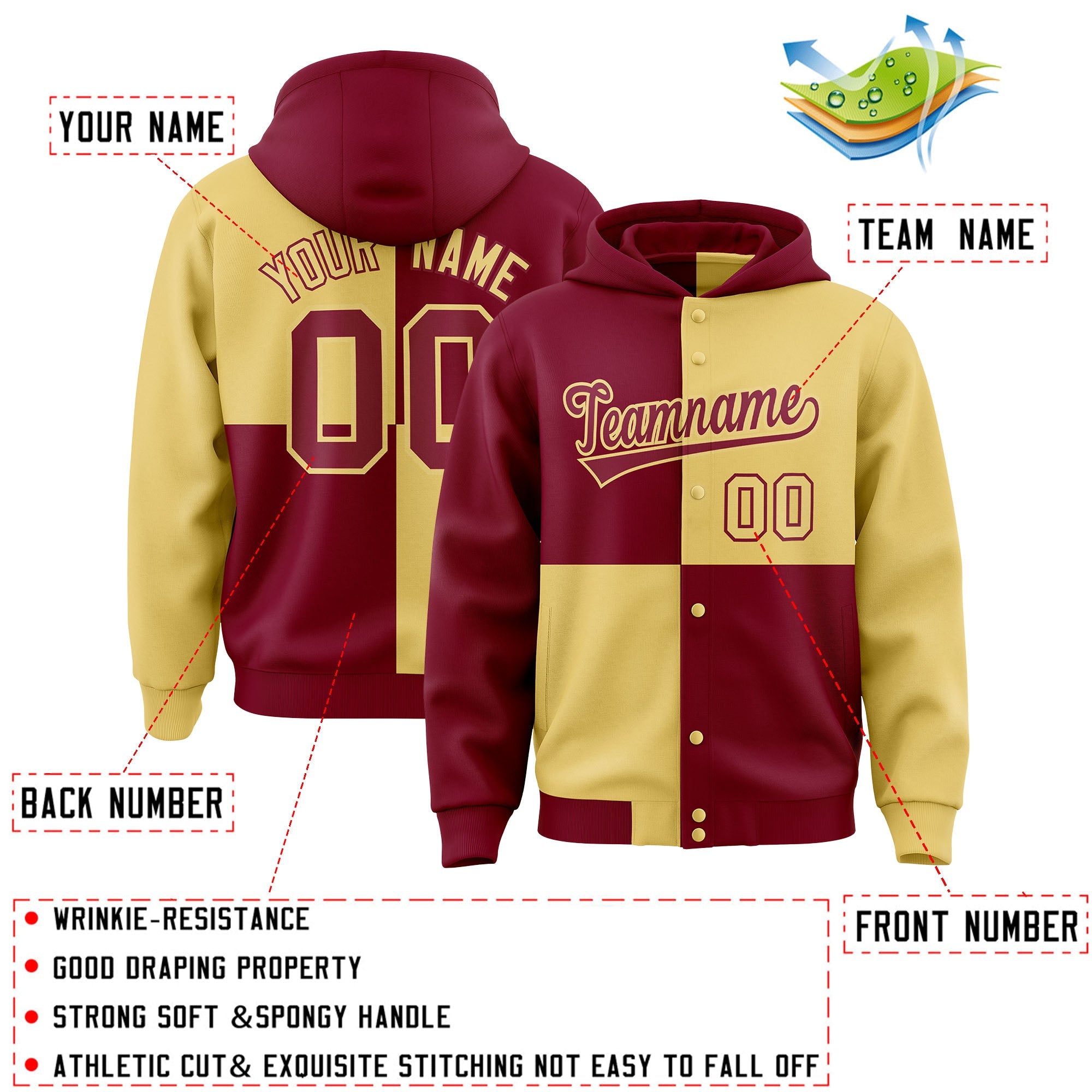 Custom Crimson Khaki Varsity Full-Snap Four Squares Color Block Letterman Hoodie Jacket