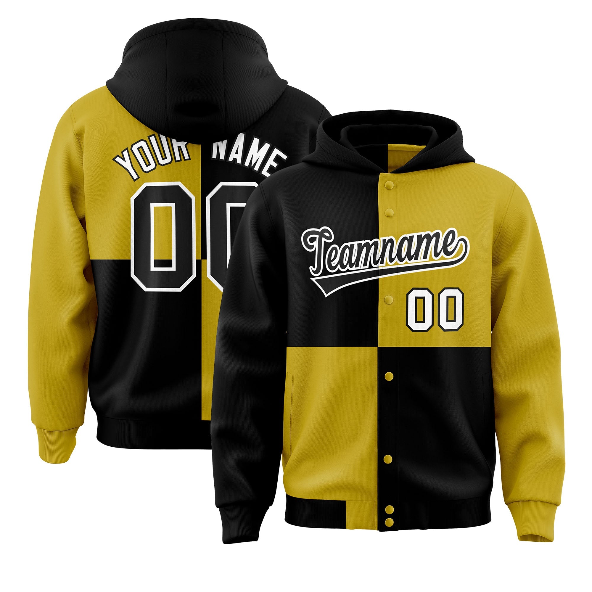 Custom Black Old Gold Varsity Full-Snap Four Squares Color Block Letterman Hoodie Jacket