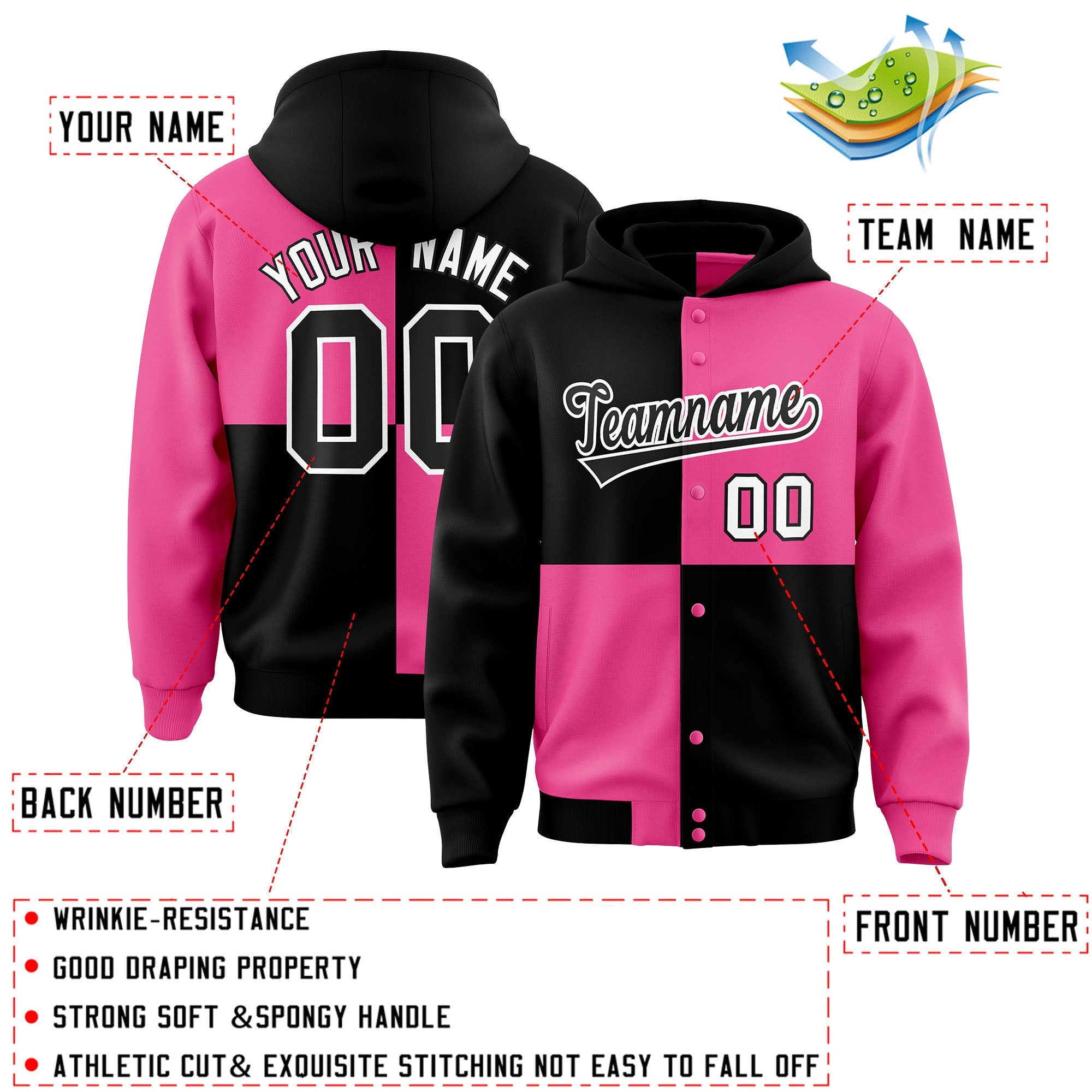 Custom Black Pink Varsity Full-Snap Four Squares Color Block Letterman Hoodie Jacket