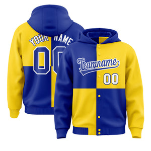 Custom Royal Gold Varsity Full-Snap Four Squares Color Block Letterman Hoodie Jacket