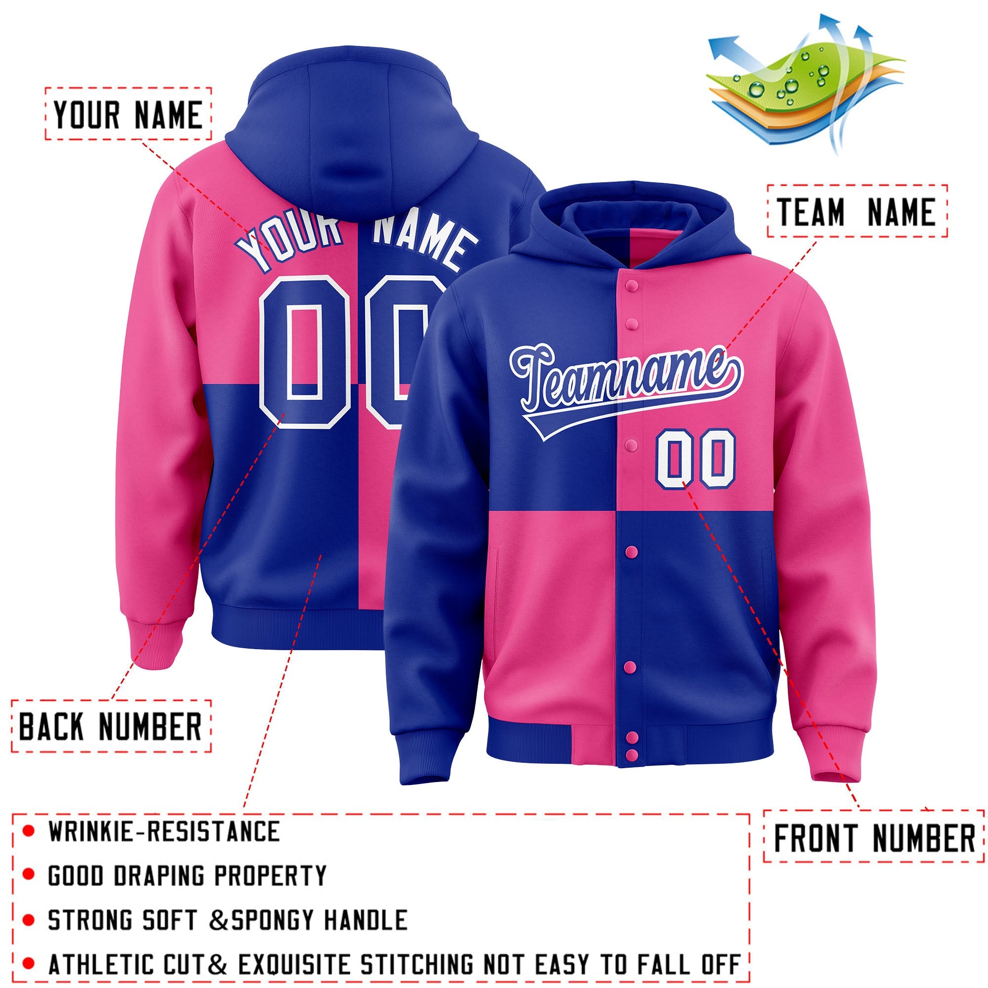 Custom Royal Pink Varsity Full-Snap Four Squares Color Block Letterman Hoodie Jacket