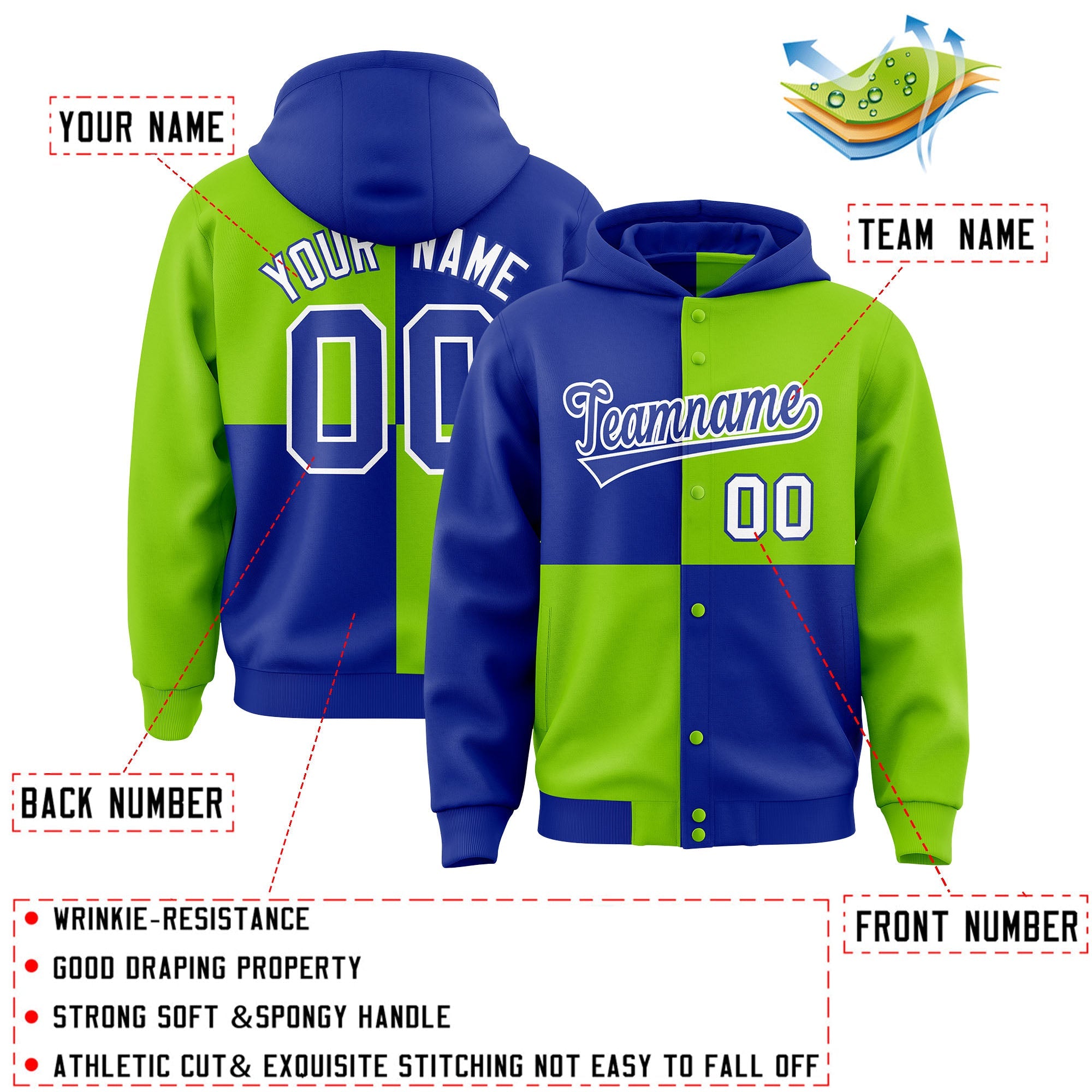 Custom Royal Neon Green Varsity Full-Snap Four Squares Color Block Letterman Hoodie Jacket