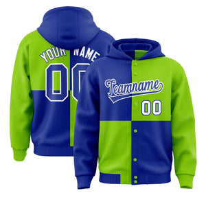 Custom Royal Neon Green Varsity Full-Snap Four Squares Color Block Letterman Hoodie Jacket