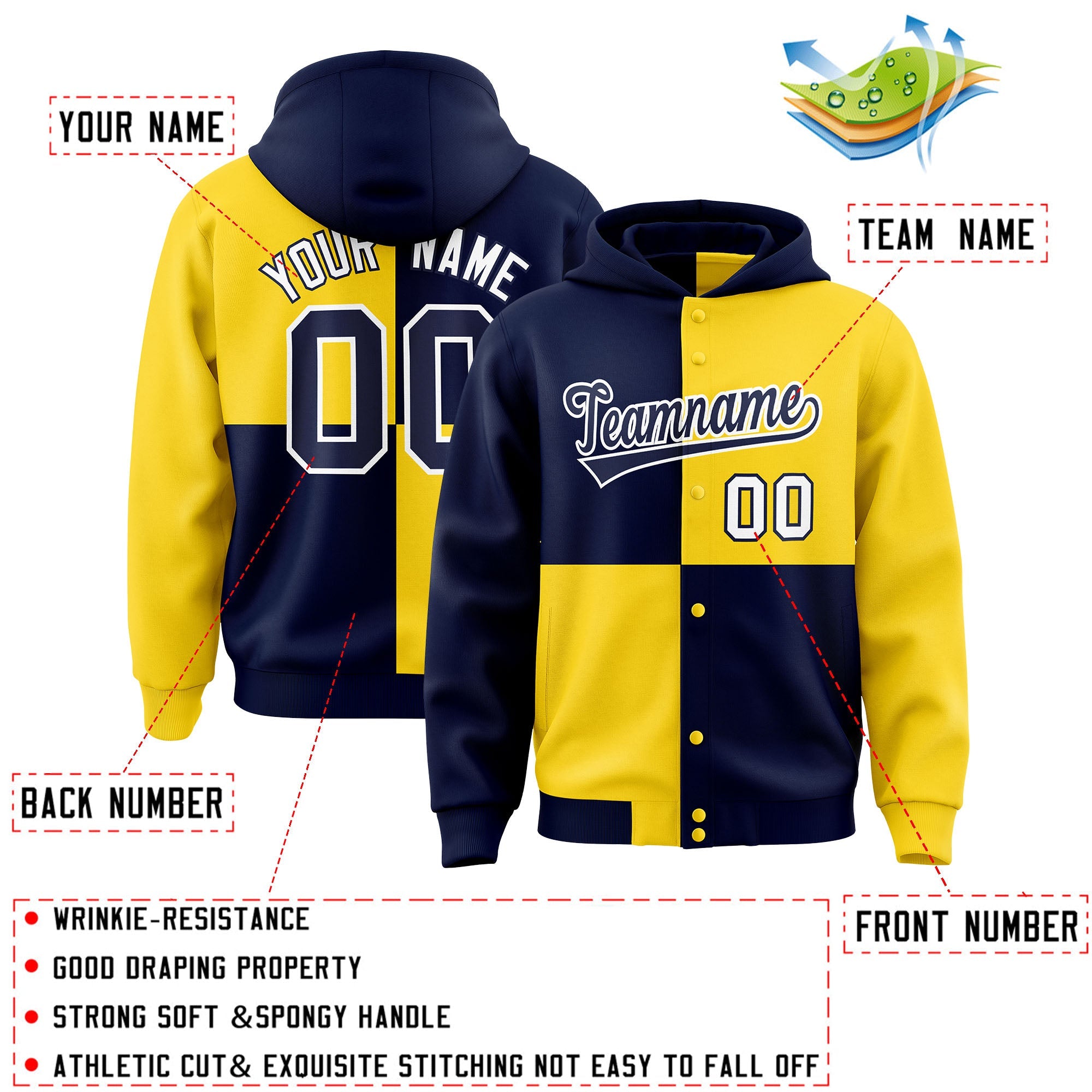 Custom Navy Gold Varsity Full-Snap Four Squares Color Block Letterman Hoodie Jacket