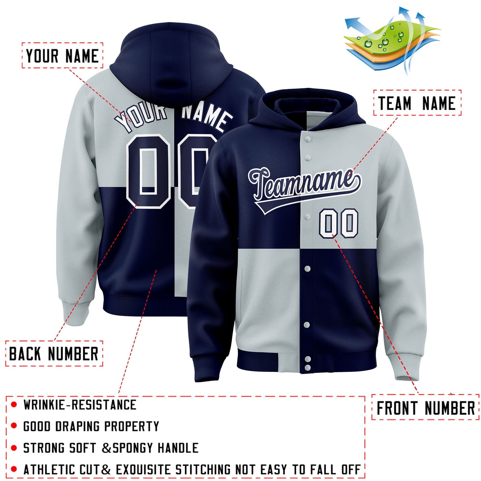 Custom Navy Silver Varsity Full-Snap Four Squares Color Block Letterman Hoodie Jacket