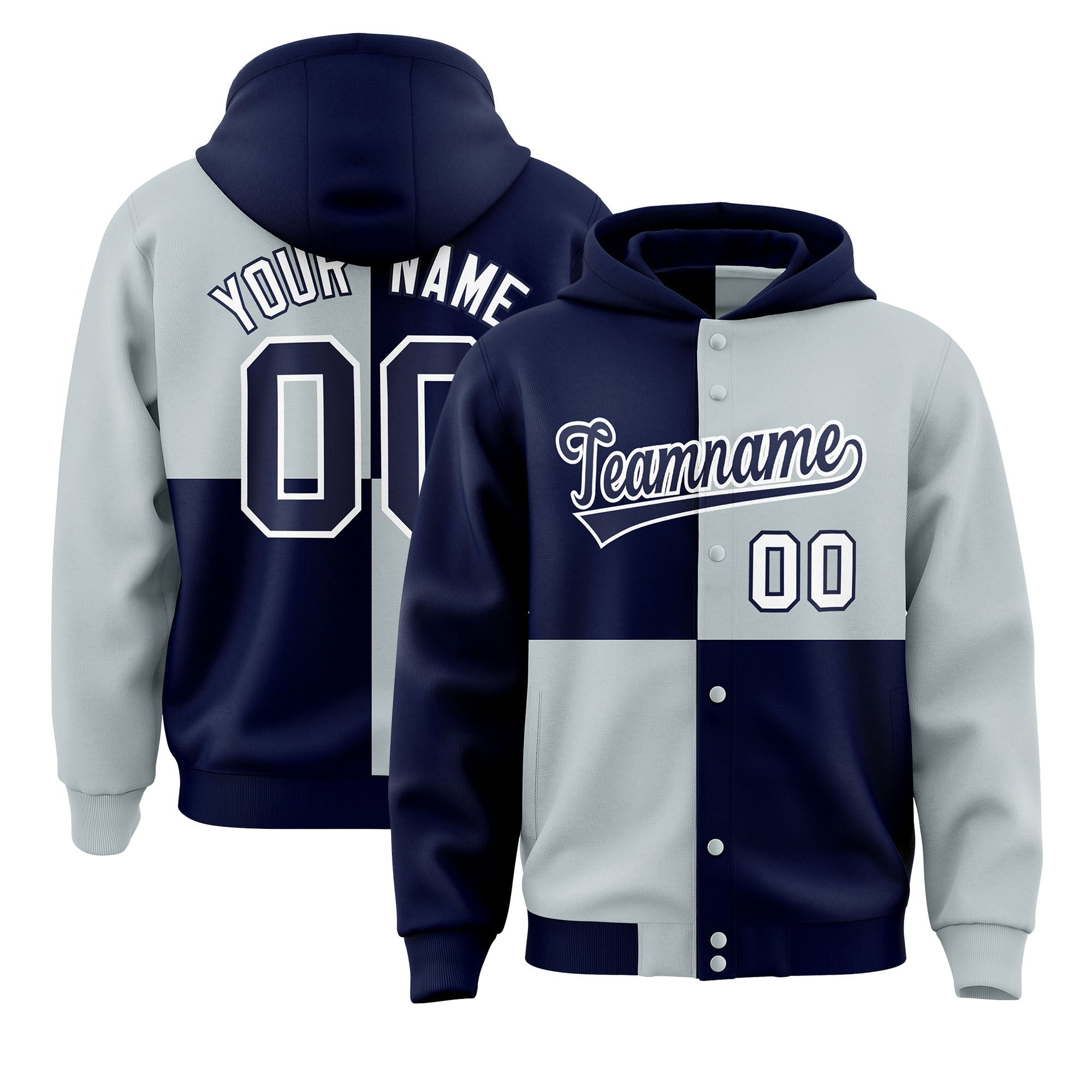 Custom Navy Silver Varsity Full-Snap Four Squares Color Block Letterman Hoodie Jacket