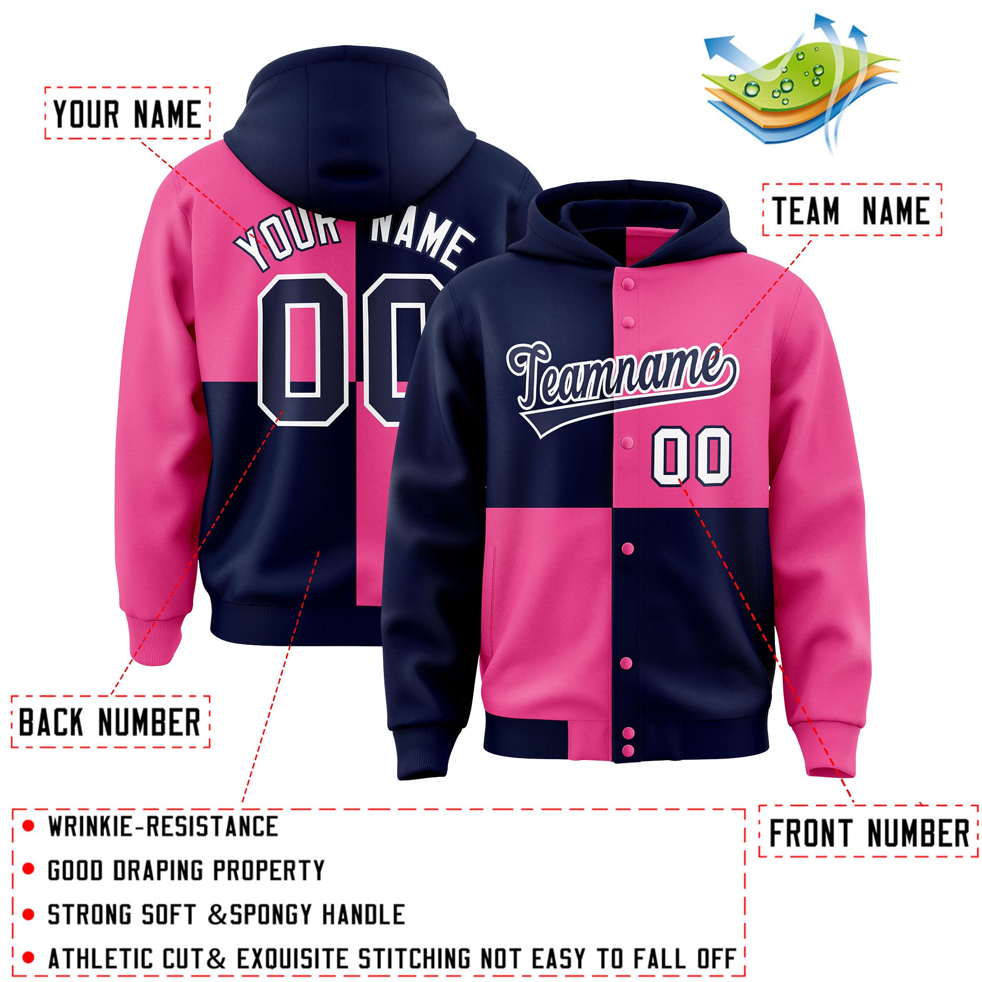 Custom Navy Pink Varsity Full-Snap Four Squares Color Block Letterman Jacket Hoodie