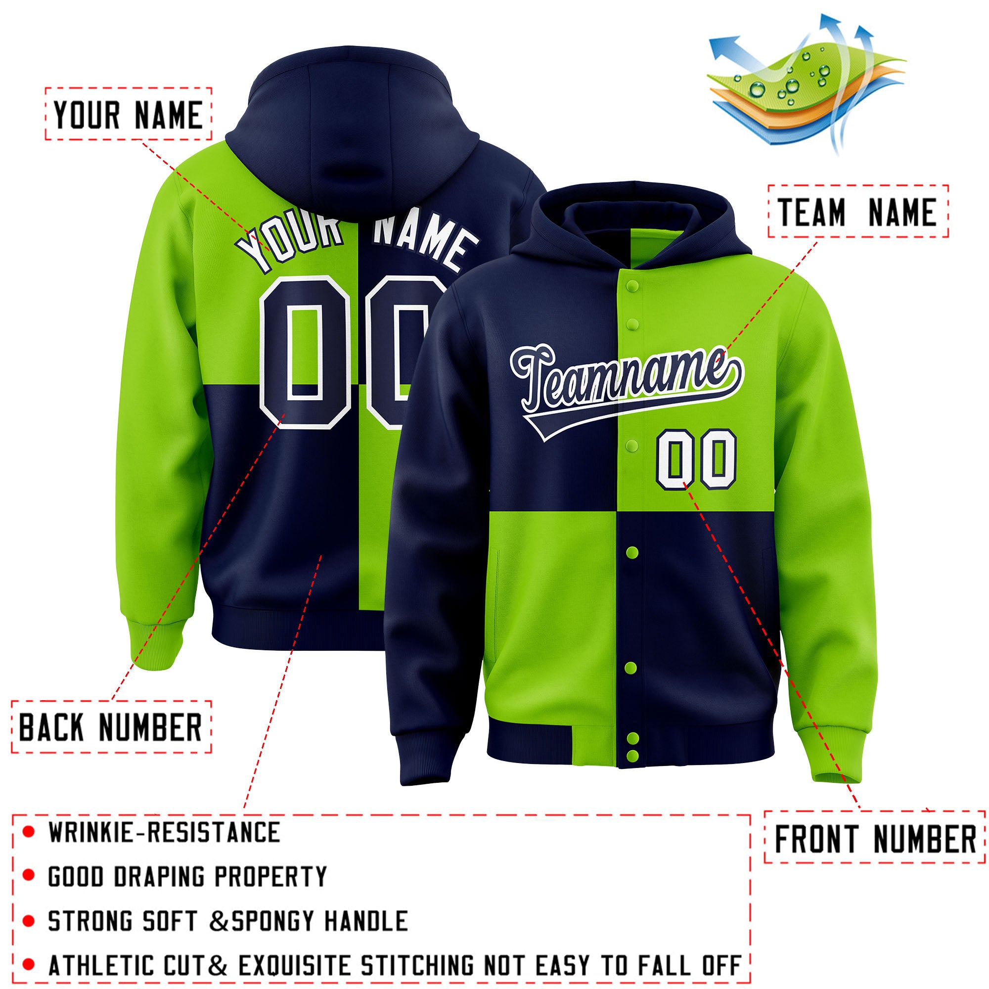 Custom Navy Neon Green Varsity Full-Snap Four Squares Color Block Letterman Jacket Hoodie