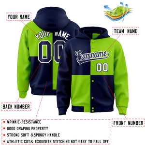 Custom Navy Neon Green Varsity Full-Snap Four Squares Color Block Letterman Hoodie Jacket