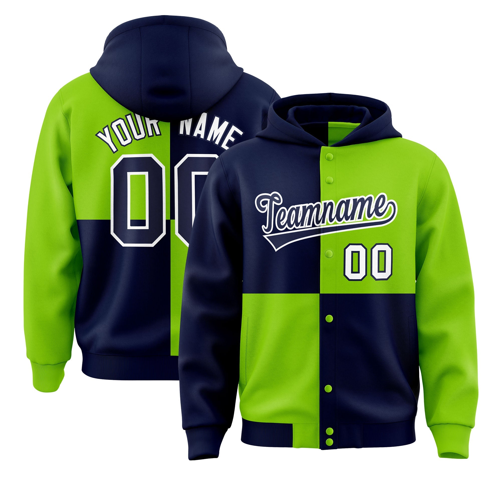 Custom Navy Neon Green Varsity Full-Snap Four Squares Color Block Letterman Hoodie Jacket