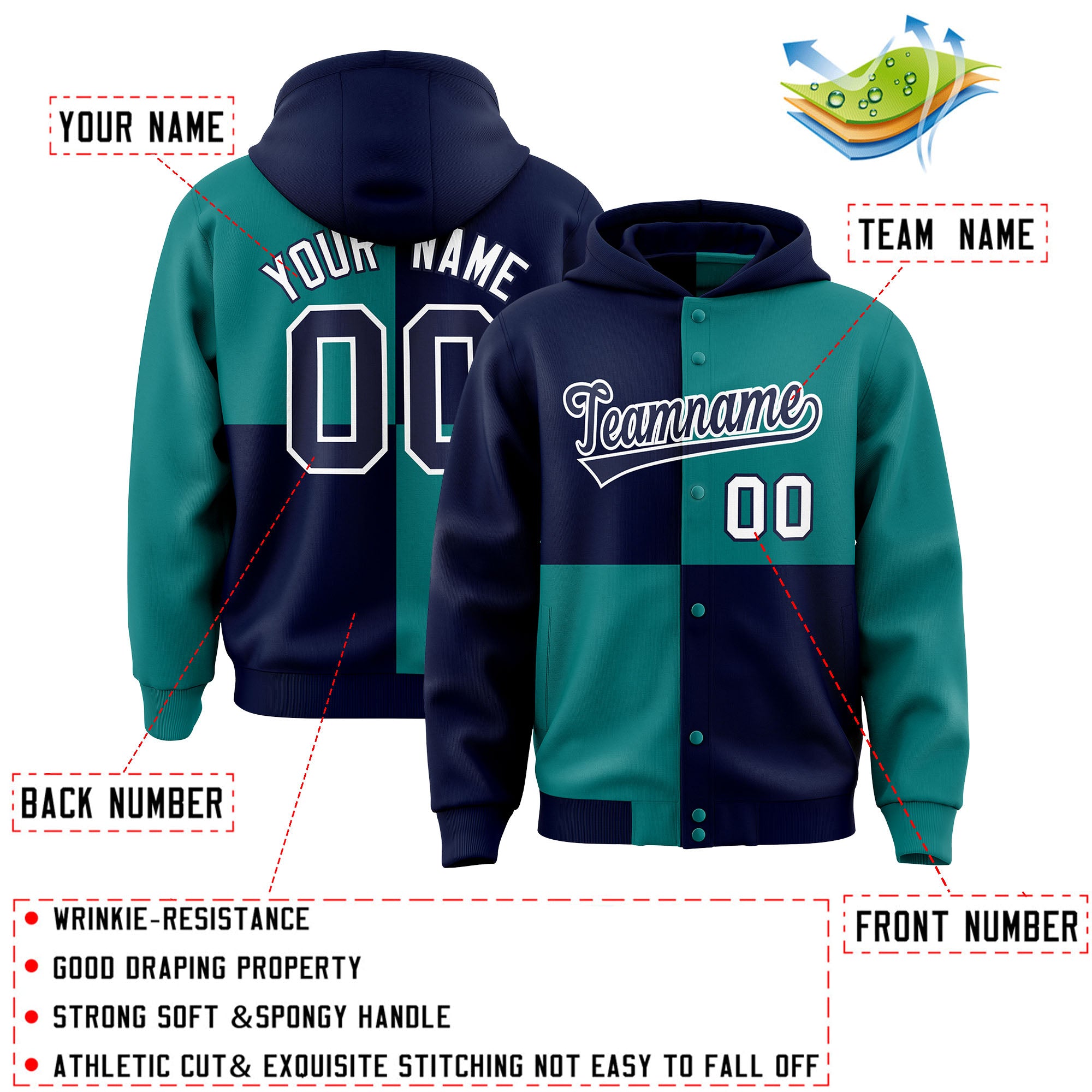 Custom Navy Aqua Varsity Full-Snap Four Squares Color Block Letterman Jacket Hoodie