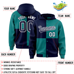 Custom Navy Aqua Varsity Full-Snap Four Squares Color Block Letterman Hoodie Jacket