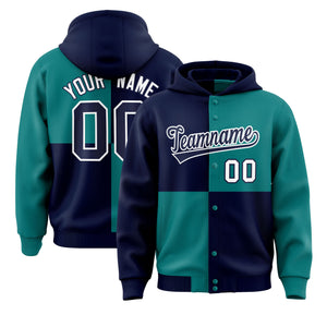 Custom Navy Aqua Varsity Full-Snap Four Squares Color Block Letterman Hoodie Jacket