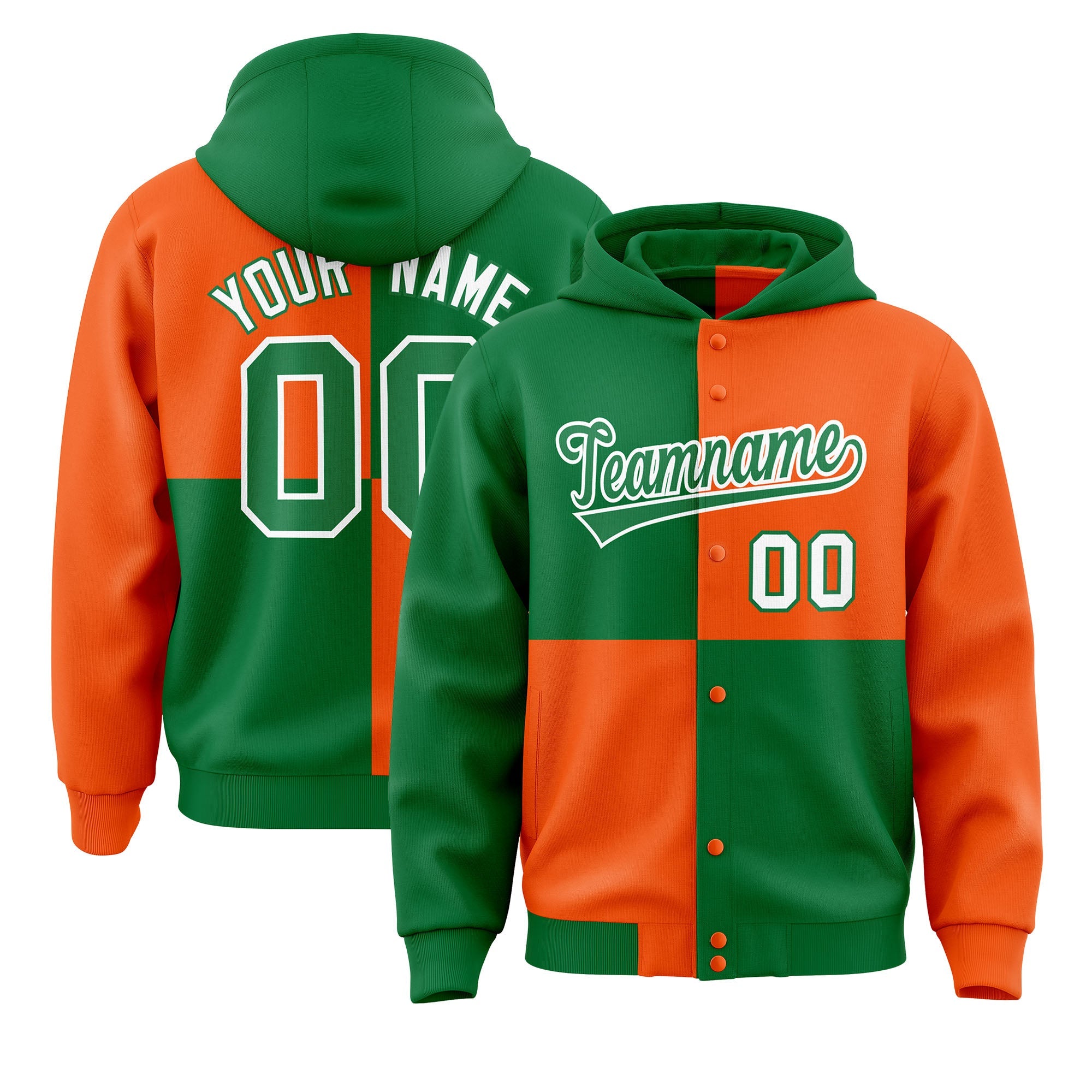 Custom Kelly Green Orange Varsity Full-Snap Four Squares Color Block Letterman Hoodie Jacket