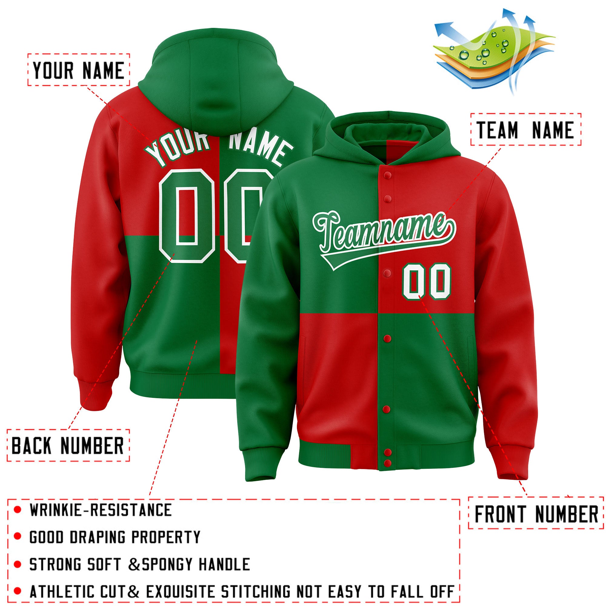 Custom Kelly Green Red Varsity Full-Snap Four Squares Color Block Letterman Jacket Hoodie