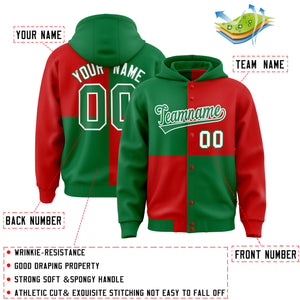 Custom Kelly Green Red Varsity Full-Snap Four Squares Color Block Letterman Hoodie Jacket