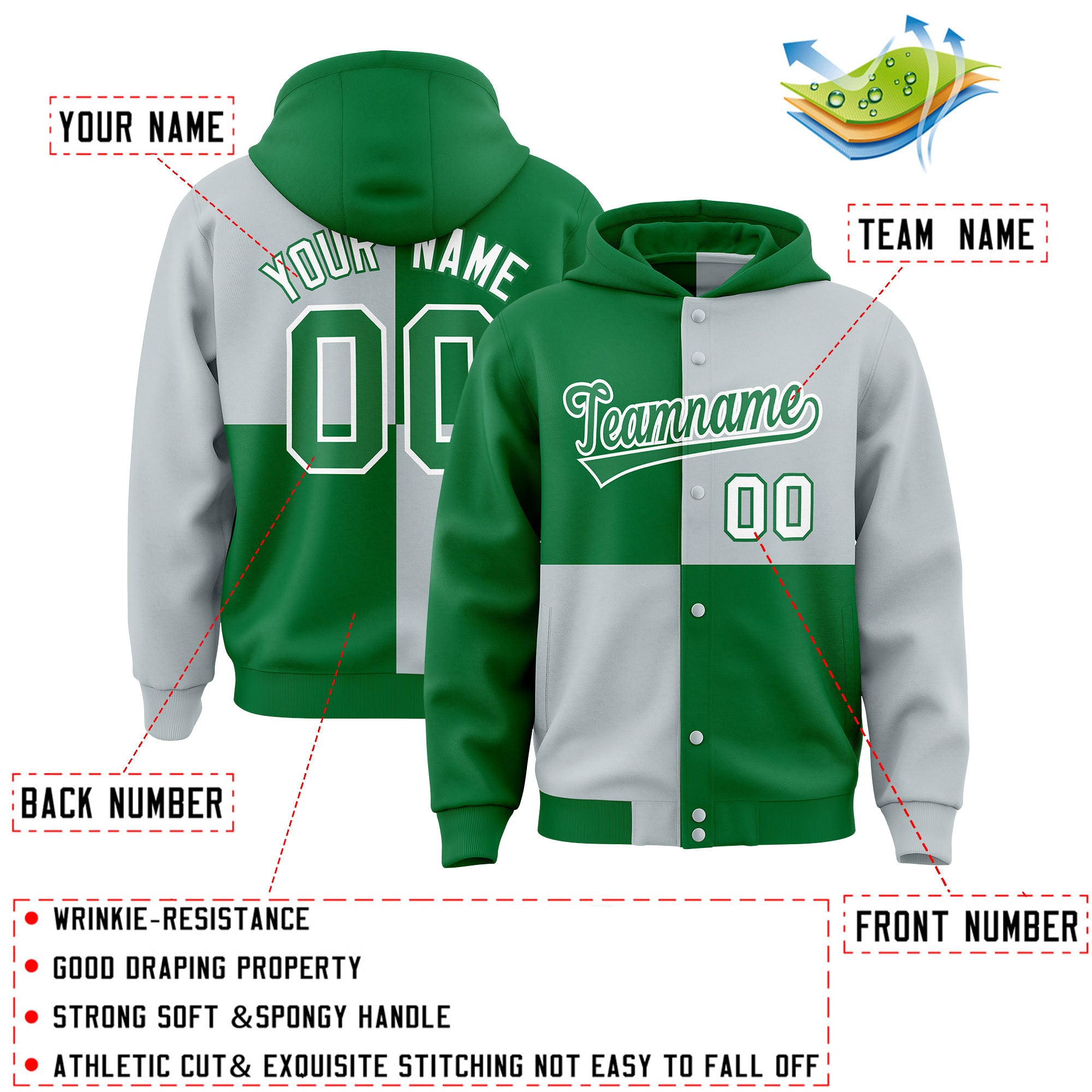 Custom Kelly Green Silver Varsity Full-Snap Four Squares Color Block Letterman Jacket Hoodie