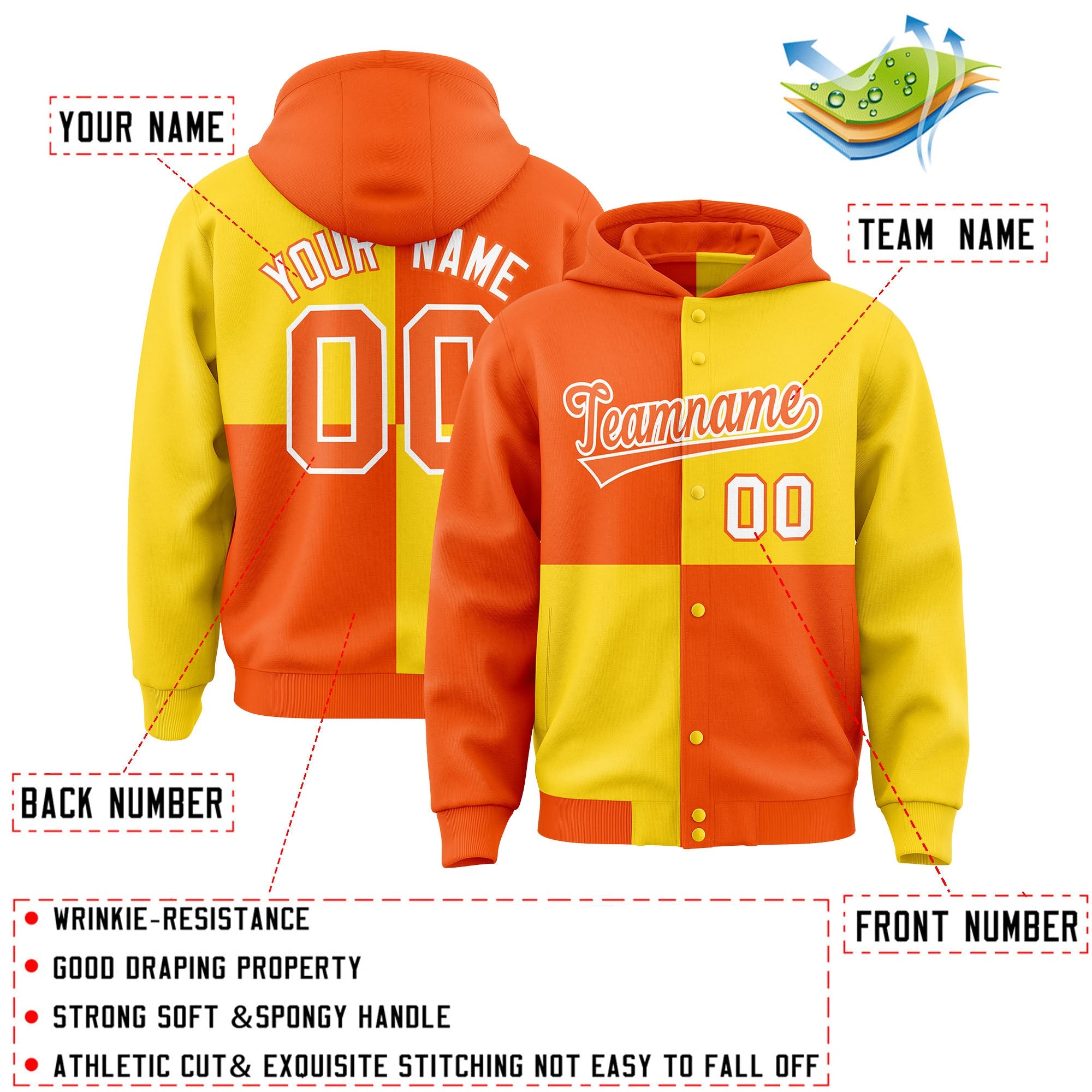 Custom Orange Gold Varsity Full-Snap Four Squares Color Block Letterman Hoodie Jacket