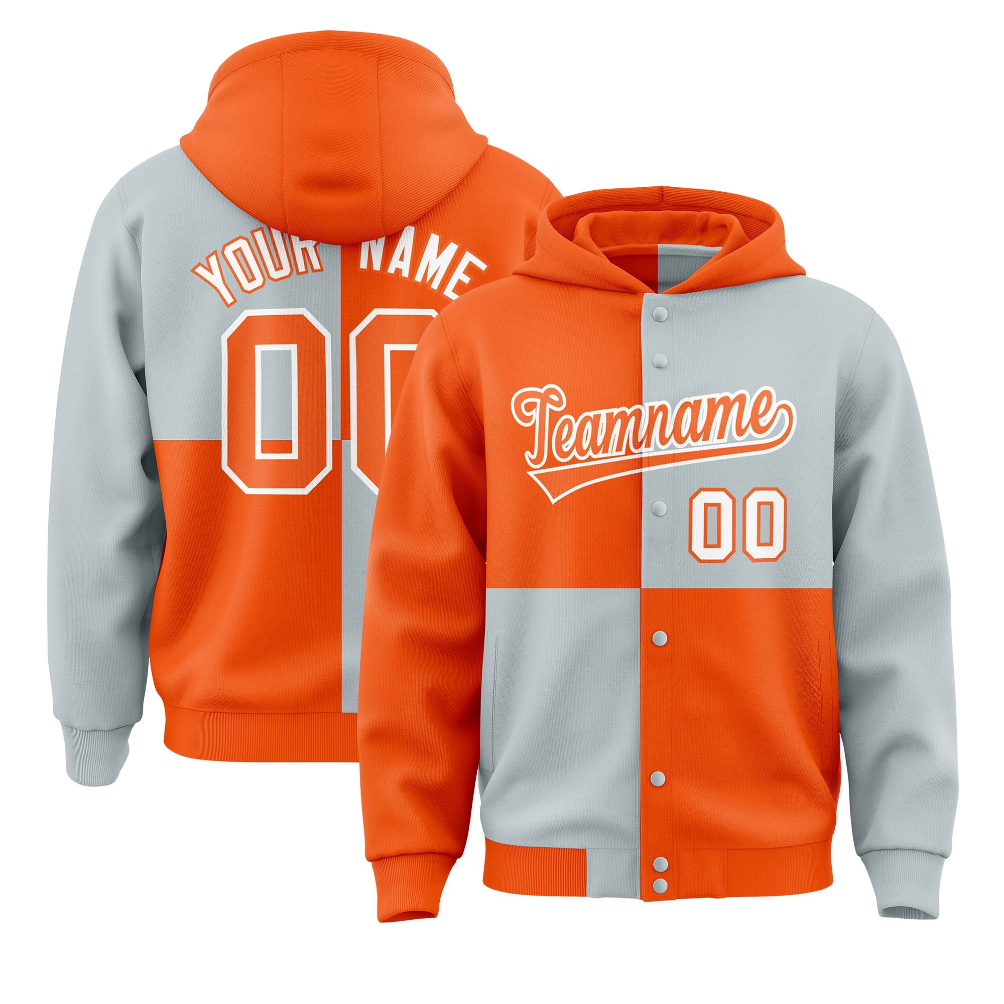 Custom Orange Silver Varsity Full-Snap Four Squares Color Block Letterman Hoodie Jacket