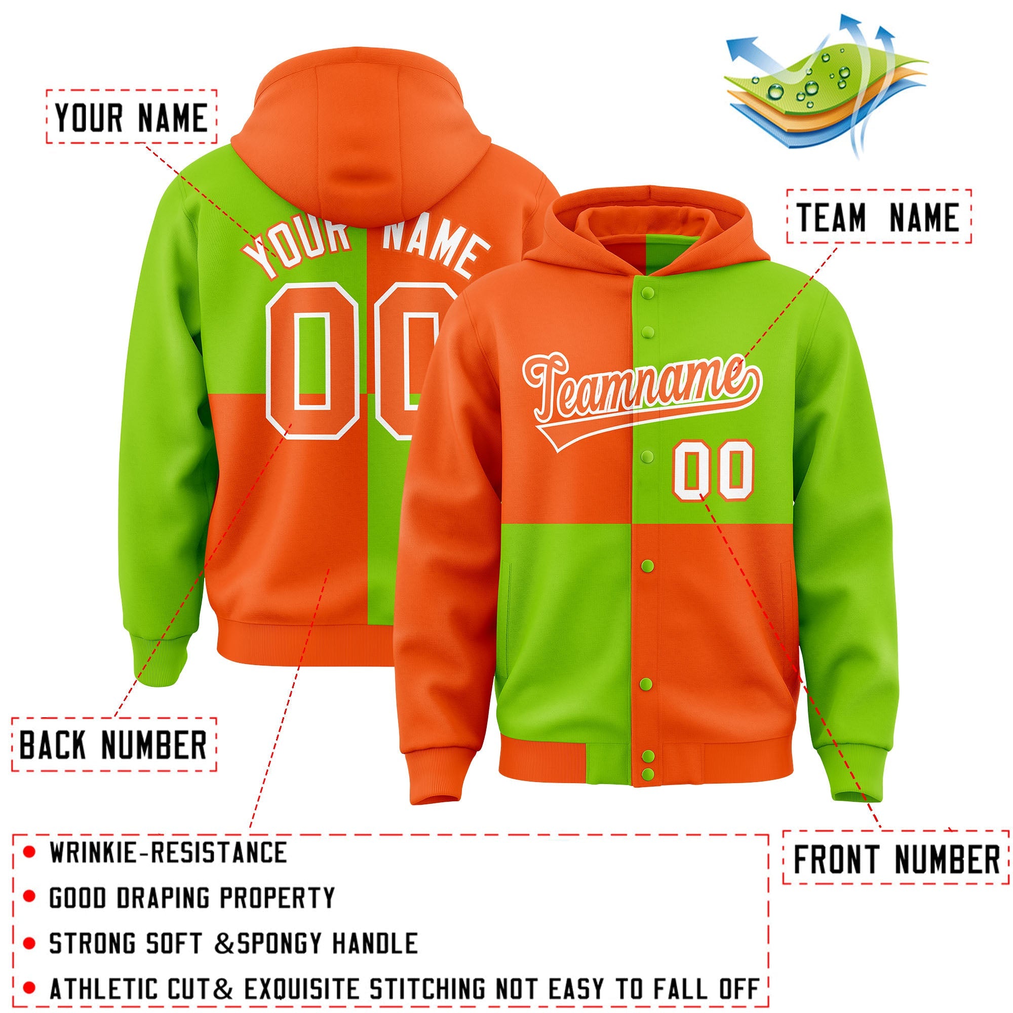 Custom Orange Neon Green Varsity Full-Snap Four Squares Color Block Letterman Hoodie Jacket