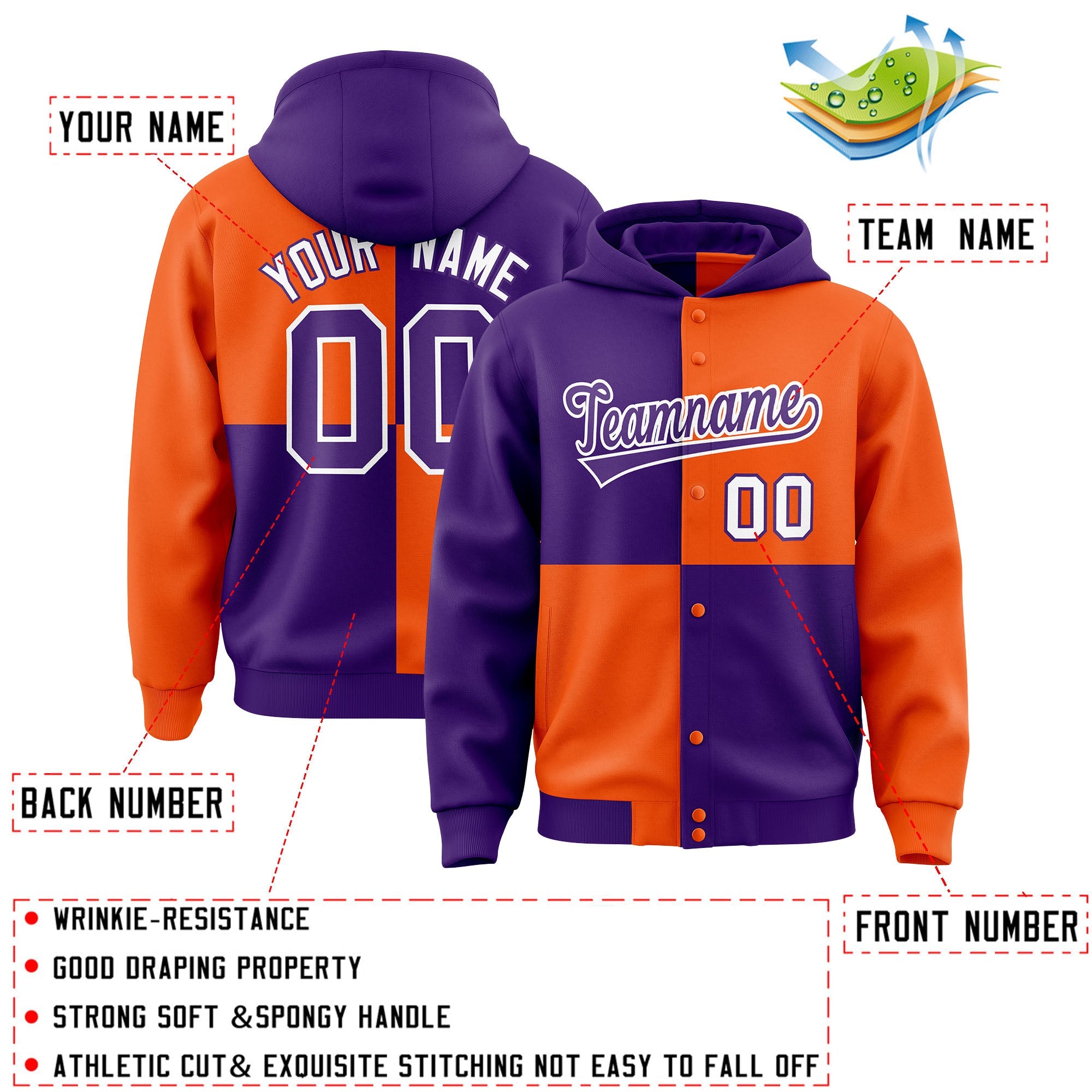 Custom Purple Orange Varsity Full-Snap Four Squares Color Block Letterman Hoodie Jacket