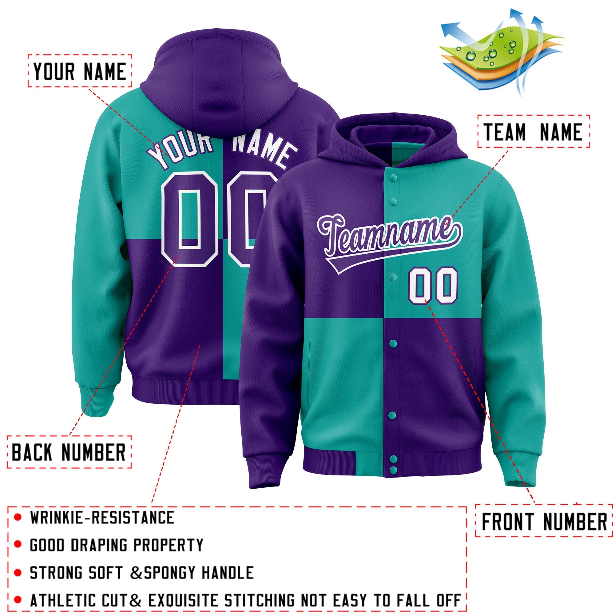 Custom Purple Aqua Varsity Full-Snap Four Squares Color Block Letterman Hoodie Jacket