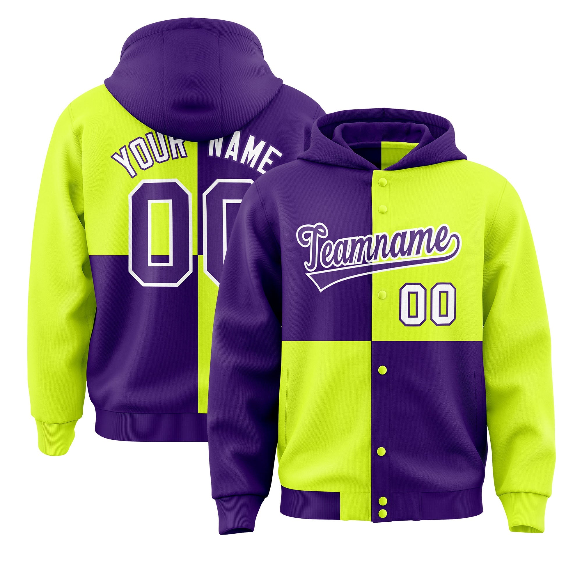 Custom Purple Green Varsity Full-Snap Four Squares Color Block Letterman Hoodie Jacket