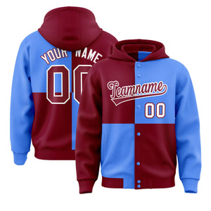 Custom Crimson Powder Blue Varsity Full-Snap Four Squares Color Block Letterman Hoodie Jacket