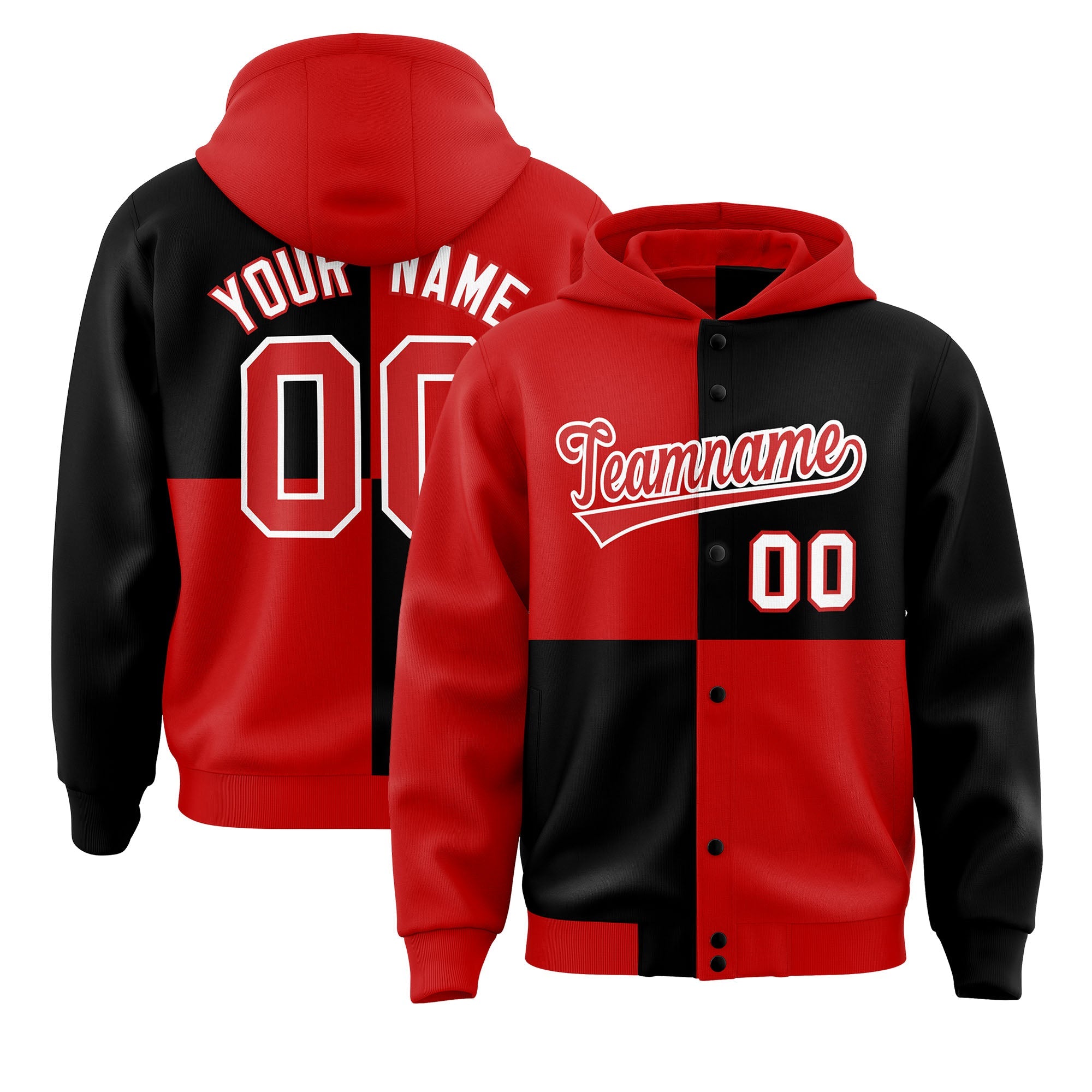 Custom Red Black Varsity Full-Snap Four Squares Color Block Letterman Hoodie Jacket