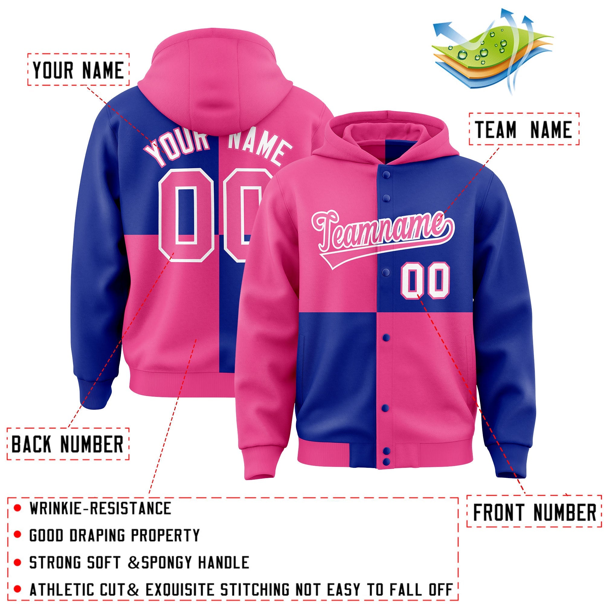 Custom Pink Royal Varsity Full-Snap Four Squares Color Block Letterman Hoodie Jacket