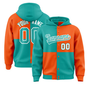 Custom Aqua Orange Varsity Full-Snap Four Squares Color Block Letterman Hoodie Jacket